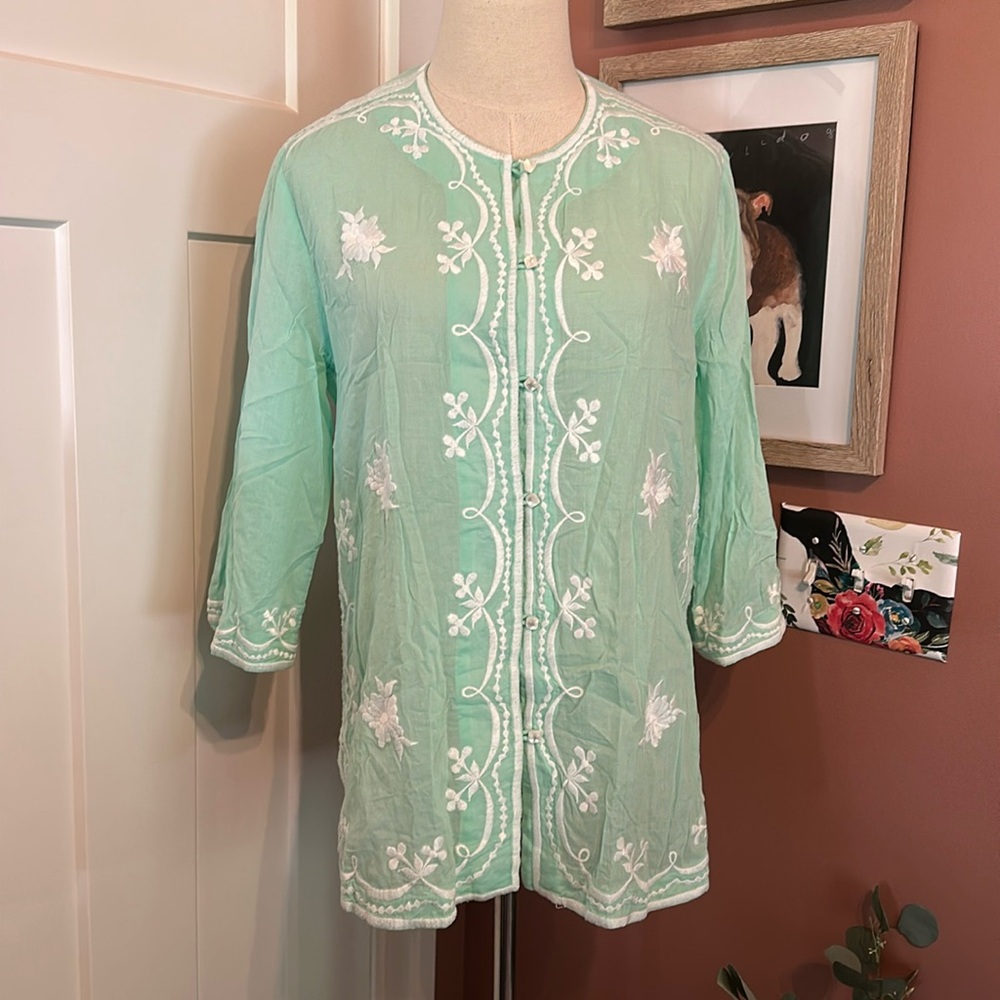 Tibi for Sea Island lite turquoise embroidered 3/4 Sleeve Mandarin Collar S top